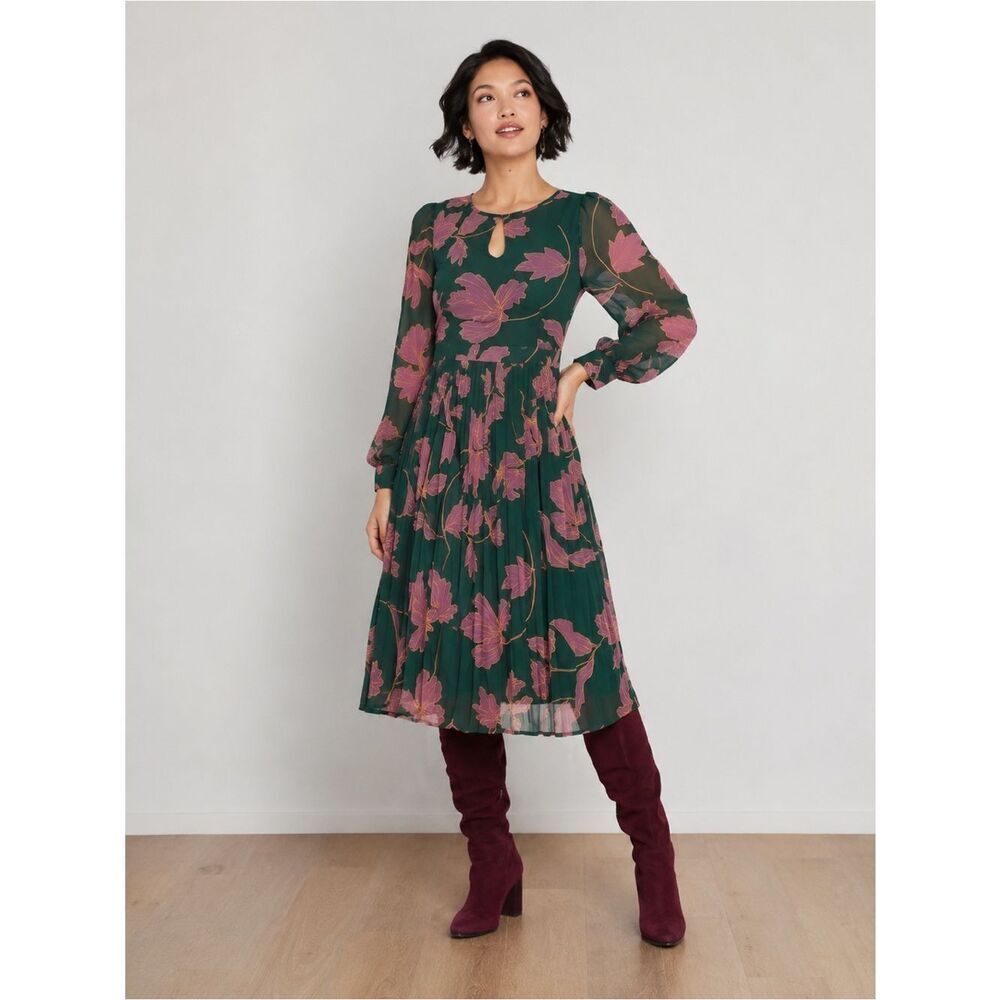 Modcloth Forest Green Pink Floral Pleated Midi Dress Sz 4 Boho Preppy Whimsigoth